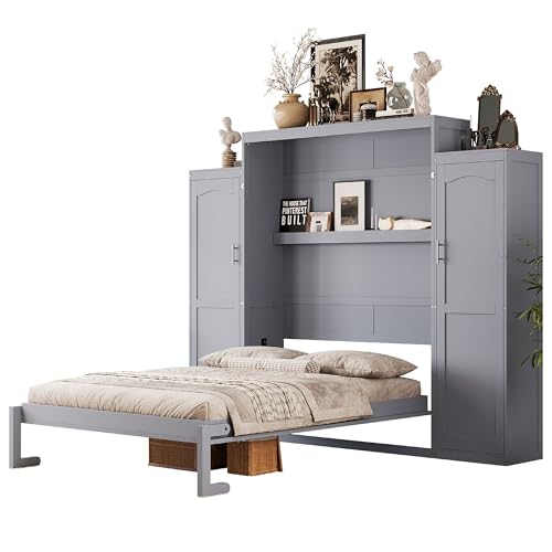 Murphy Bed with Two Wardrobes and Storage Shelf for Small Bedrooms A623