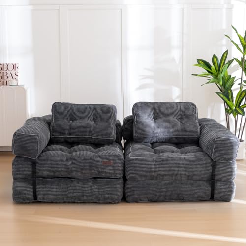 Folding Sofa Bed, L-Shaped Convertible Sleeper Couch with Armrest and Pillow, Dark Grey M375676