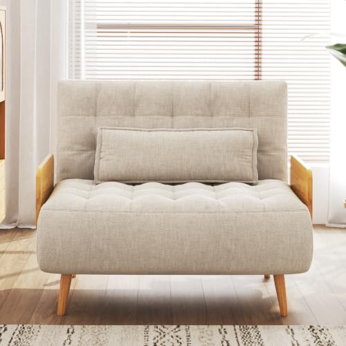 Convertible Chair Bed Sleeper for Adults, Linen with Wooden Arms & Pillows, Foldable Single Futon Sofa Bed Q683821