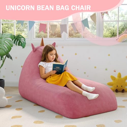 Unicorn Bean Bag Chair for Kids with Filler, Corduroy Floor Lounger, Pink W9694