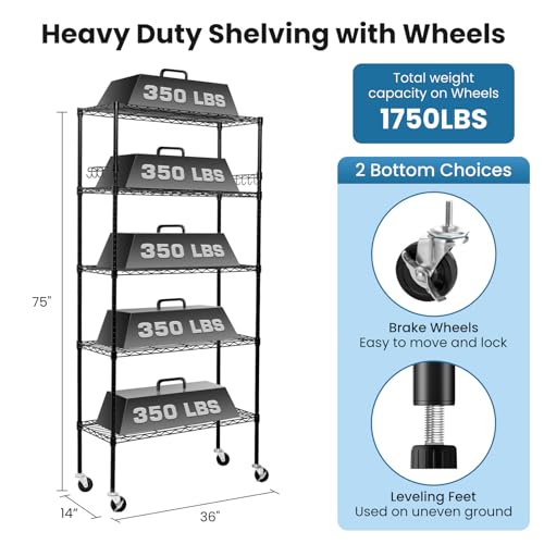 Heavy Duty 6-Tier Storage Shelves with Wheels, Adjustable Metal Wire Rack E412