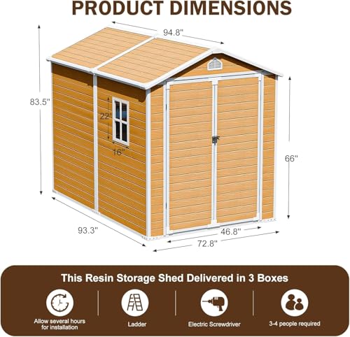 Resin Storage Shed, Waterproof Outdoor Tool Shed with Floor, Double Lockable Doors I89690