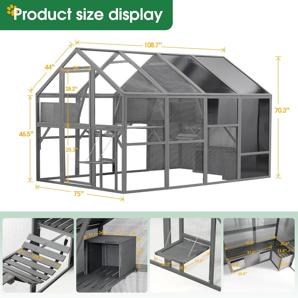 Large Cat Cage Outdoor Wooden Catio Enclosure with Bridges and Weatherproof Roof D59334
