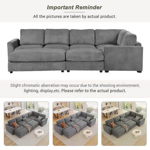 Corduroy Sectional Sofa Bed with Two Ottomans, Gray J44720