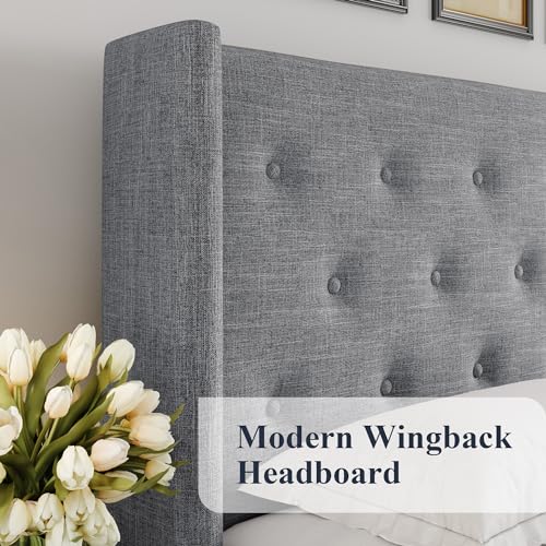 Full Size Lift Up Storage Bed with Wingback Headboard, Hydraulic Support, Light Beige P736605
