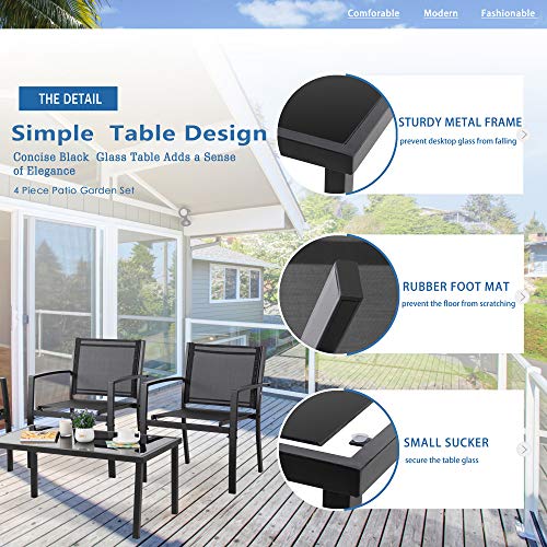 Patio Furniture Set with Glass Coffee Table, 4 Pieces, Black Q940