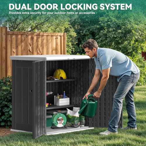 Outdoor Storage Cabinet with 2 Shelves, Waterproof Resin Tool Shed, Lockable, Dark Gray M33386