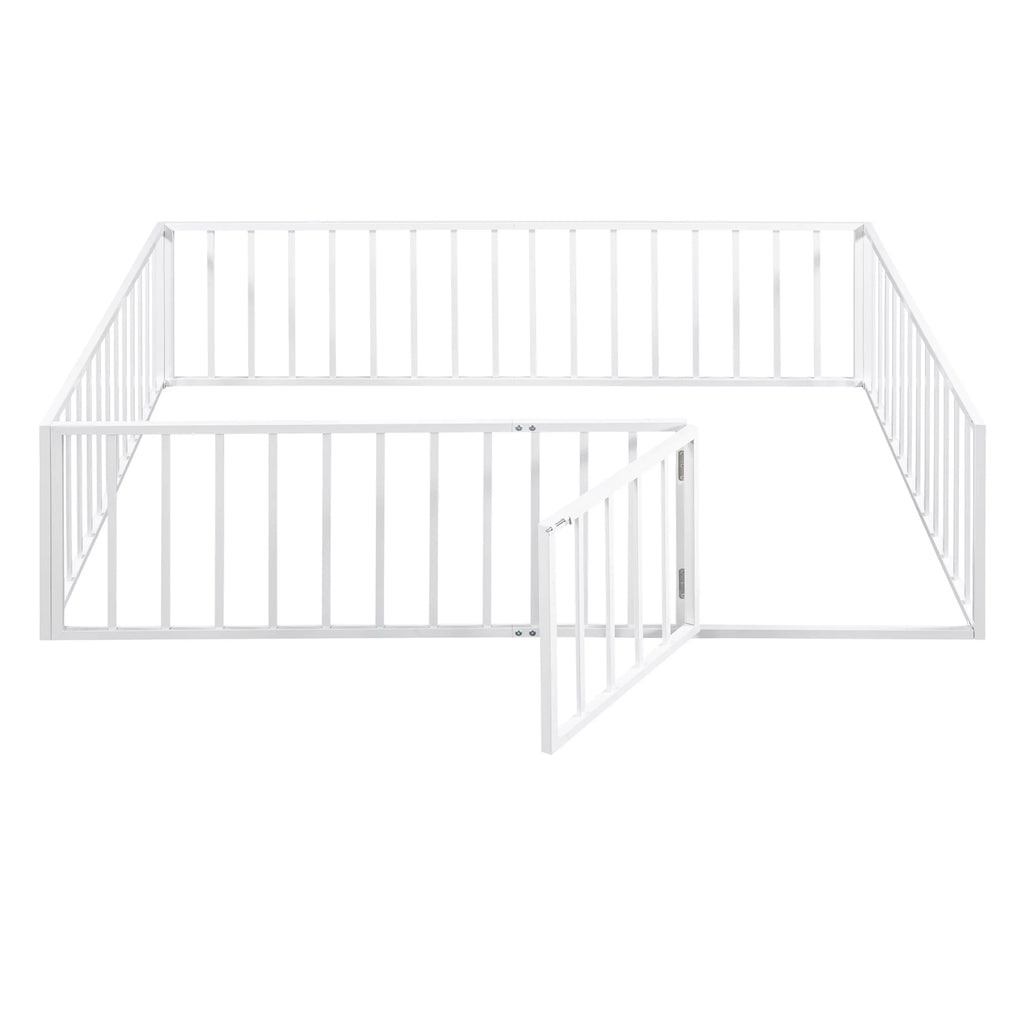Queen Floor Bed with Fence Rails and Lockable Door for Kids, White T678