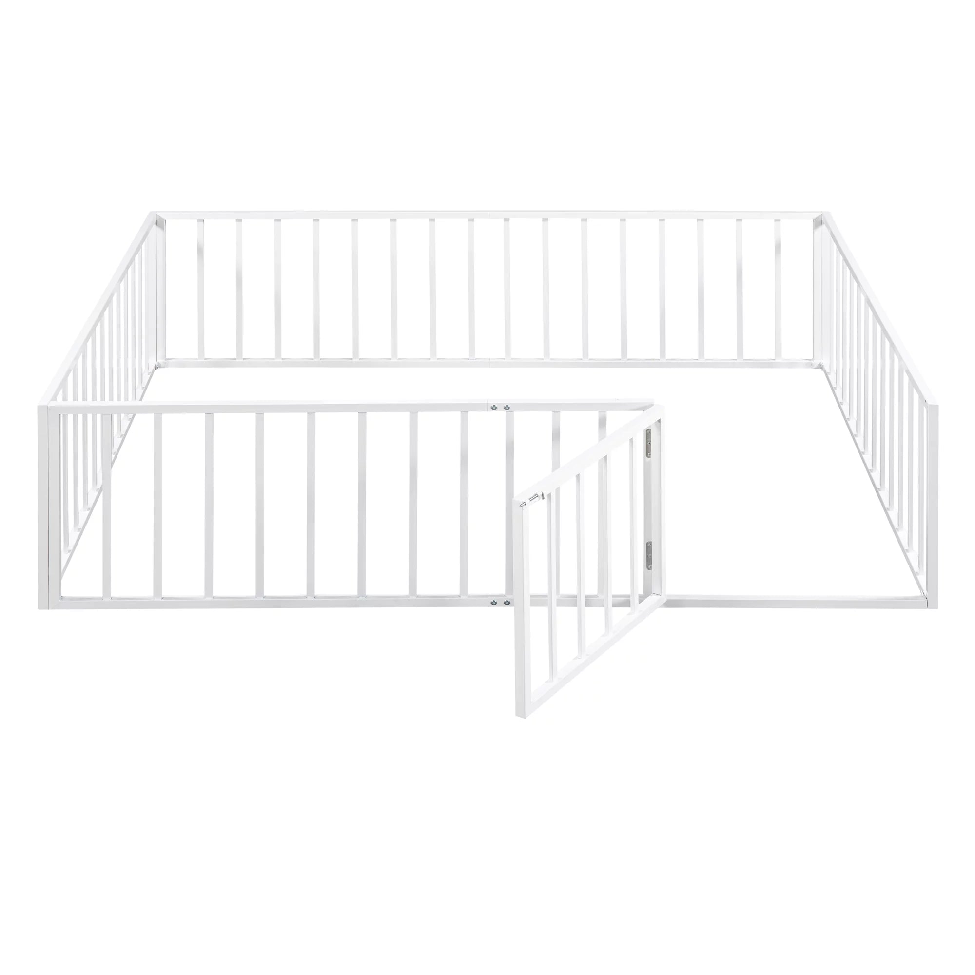 Queen Floor Bed with Fence Rails and Lockable Door for Kids, White T678