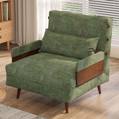 Convertible Chair Bed Sleeper for Adults, Linen with Wooden Arms & Pillows, Foldable Single Futon Sofa Bed Q683821