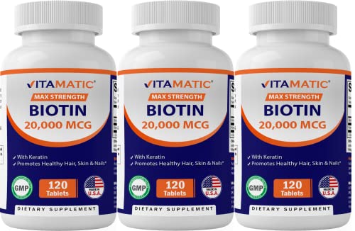 Vitamatic High Potency Biotin 20000 mcg (20mg) with Keratin 100mg - 120 Vegetarian Tablets - Biotin Supplements for Healthy Hair Skin & Nails for Adults (120 Count (Pack of 1))