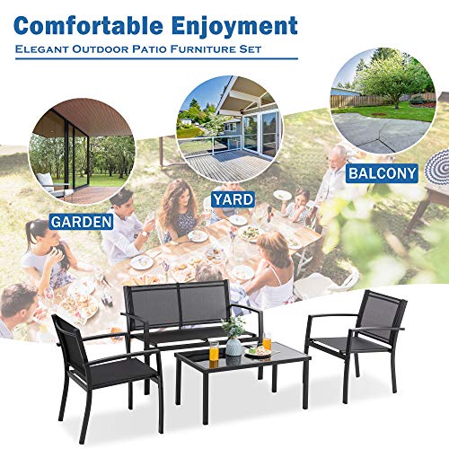 Patio Furniture Set with Glass Coffee Table, 4 Pieces, Black Q940