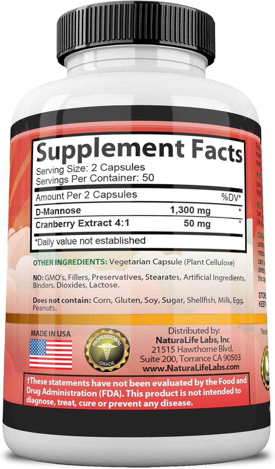 D-Mannose 1,300 mg with Cranberry Extract, 100 Veggie Capsules F8854