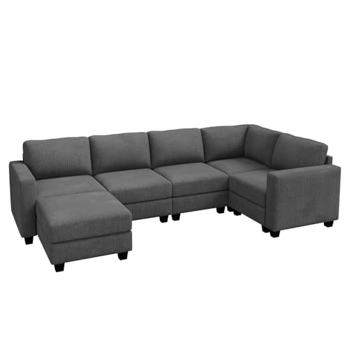 Corduroy Modular Sectional Couch with Storage, L-Shaped, 6 Seater, Dark Gray X823135