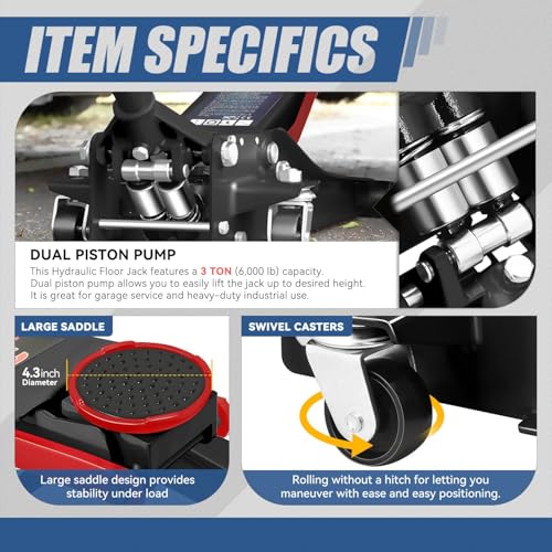 4 Ton Low Profile Floor Jack, Heavy Duty Steel Hydraulic with Dual Pistons Quick Lift Pump P3195
