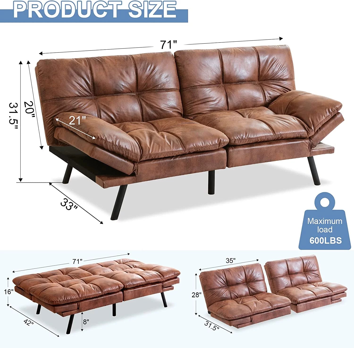 Futon Sofa Bed Memory Foam Convertible Couch with Adjustable Armrests O625