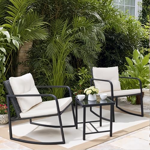 3 Piece Rocking Wicker Bistro Set with Glass Coffee Table J90293