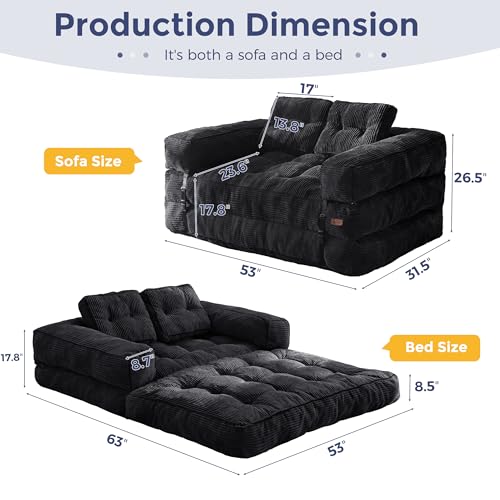 Folding Sofa Bed, L-Shaped Convertible Sleeper Couch with Armrest and Pillow, Dark Grey M375676