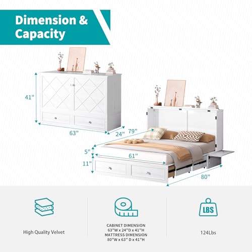 Queen Cabinet Cube Chest Bed with Tri-fold Mattress and Charging Station X329