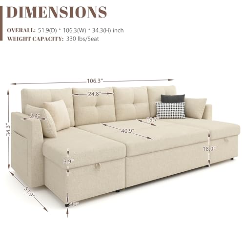 Oversized Sleeper Sofa Couch with Double Storage Chaise, Dark Grey B422253