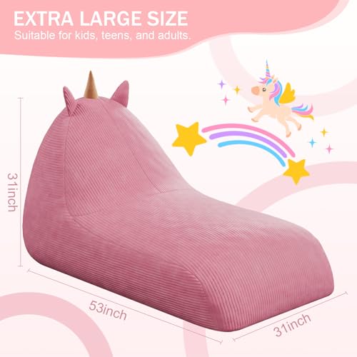 Unicorn Bean Bag Chair for Kids with Filler, Corduroy Floor Lounger, Pink W9694