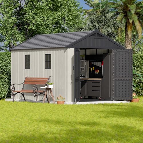 Outdoor Plastic Storage Shed with Floor, Window and Lockable Door A4787