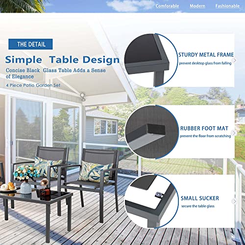 Patio Furniture Set with Glass Coffee Table, 4 Pieces, Black Q940