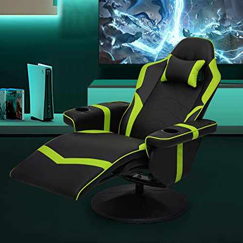 Massage Gaming Recliner Chair, 360° Swivel PU Leather, Adjustable Backrest, Footrest, Cup Holders, Bluetooth Speakers, Green X4845