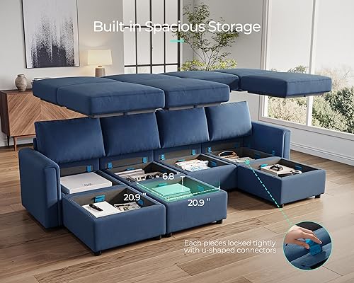 Modular Sectional Sofa with Storage, U Shaped Couch, Blue Y4358