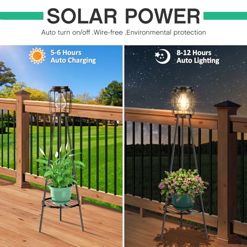Solar Lights Outdoor with Plant Stands, Metal Tripod Patio Lamp B77585