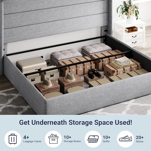 Full Size Lift Up Storage Bed with Wingback Headboard, Hydraulic Support, Light Beige P736605