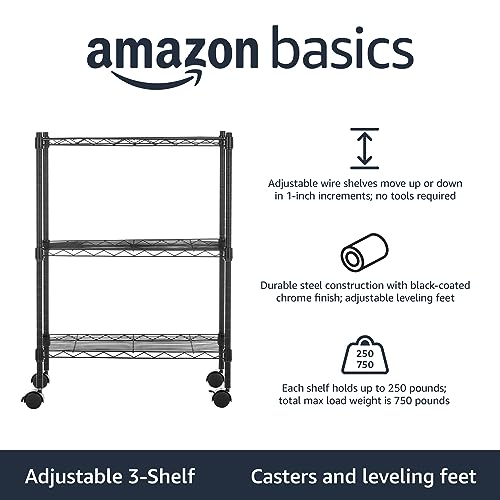 5-Shelf Adjustable Heavy Duty Storage Shelving Unit on Wheel Casters, Metal Wire Rack, Black A697