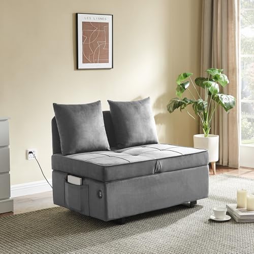 Sofa Bed Convertible Pull Out Couch with 2 Throw Pillows, Dark Grey Z539533