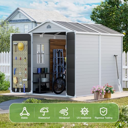 Resin Storage Shed, Waterproof Outdoor Tool Shed with Floor, Double Lockable Doors I89690