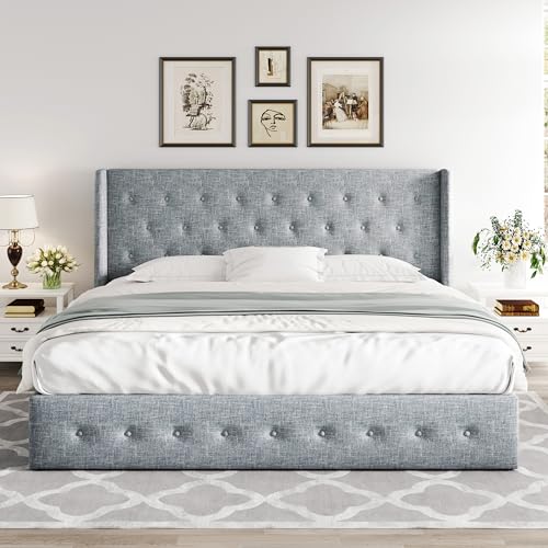 Full Size Lift Up Storage Bed with Wingback Headboard, Hydraulic Support, Light Beige P736605