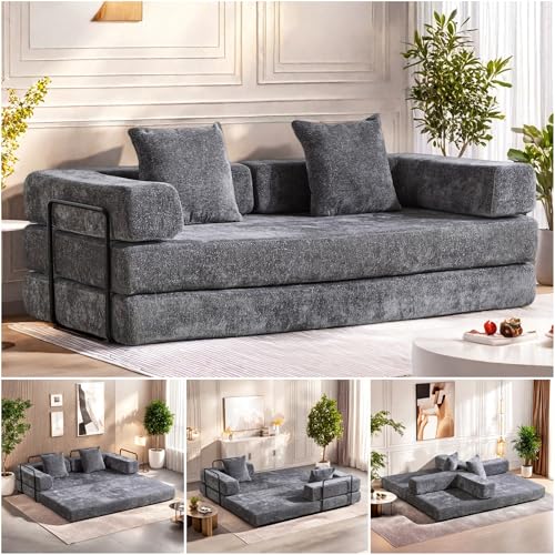 Foldable Floor Sofa Bed with Pillow Back and Armrest, Dark Gray S29408