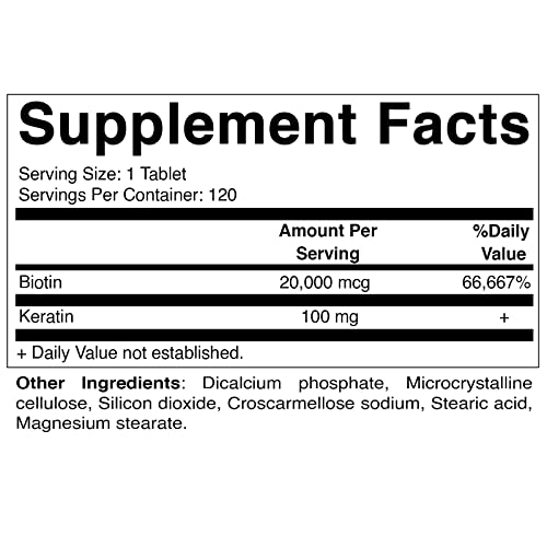 Biotin 20000 mcg with Keratin 100mg, 120 Vegetarian Tablets A7716