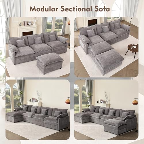 U Shaped Modular Sectional Sofa with Ottoman, Chenille, Black Z16537