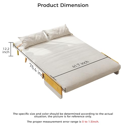 Convertible Chair Bed Sleeper for Adults, Linen with Wooden Arms & Pillows, Foldable Single Futon Sofa Bed Q683821