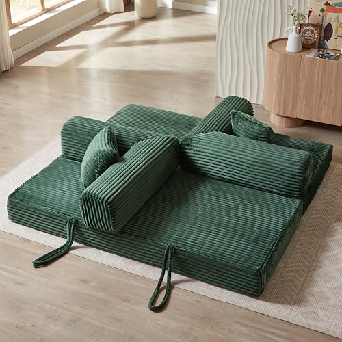 81" Foldable Convertible Sleeper Sofa Bed with Corduroy Upholstery and Pillow O1547