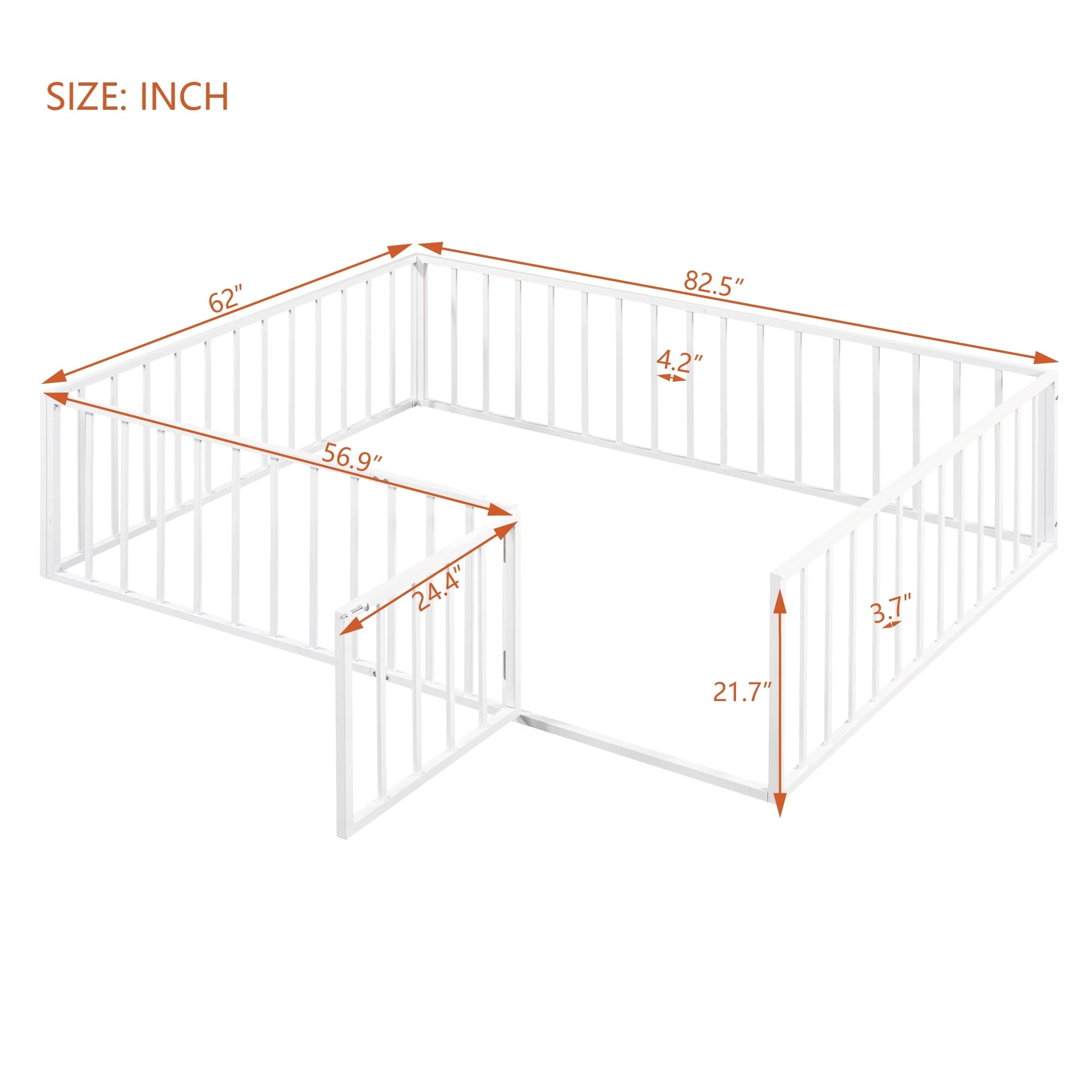 Queen Floor Bed with Fence Rails and Lockable Door for Kids, White T678