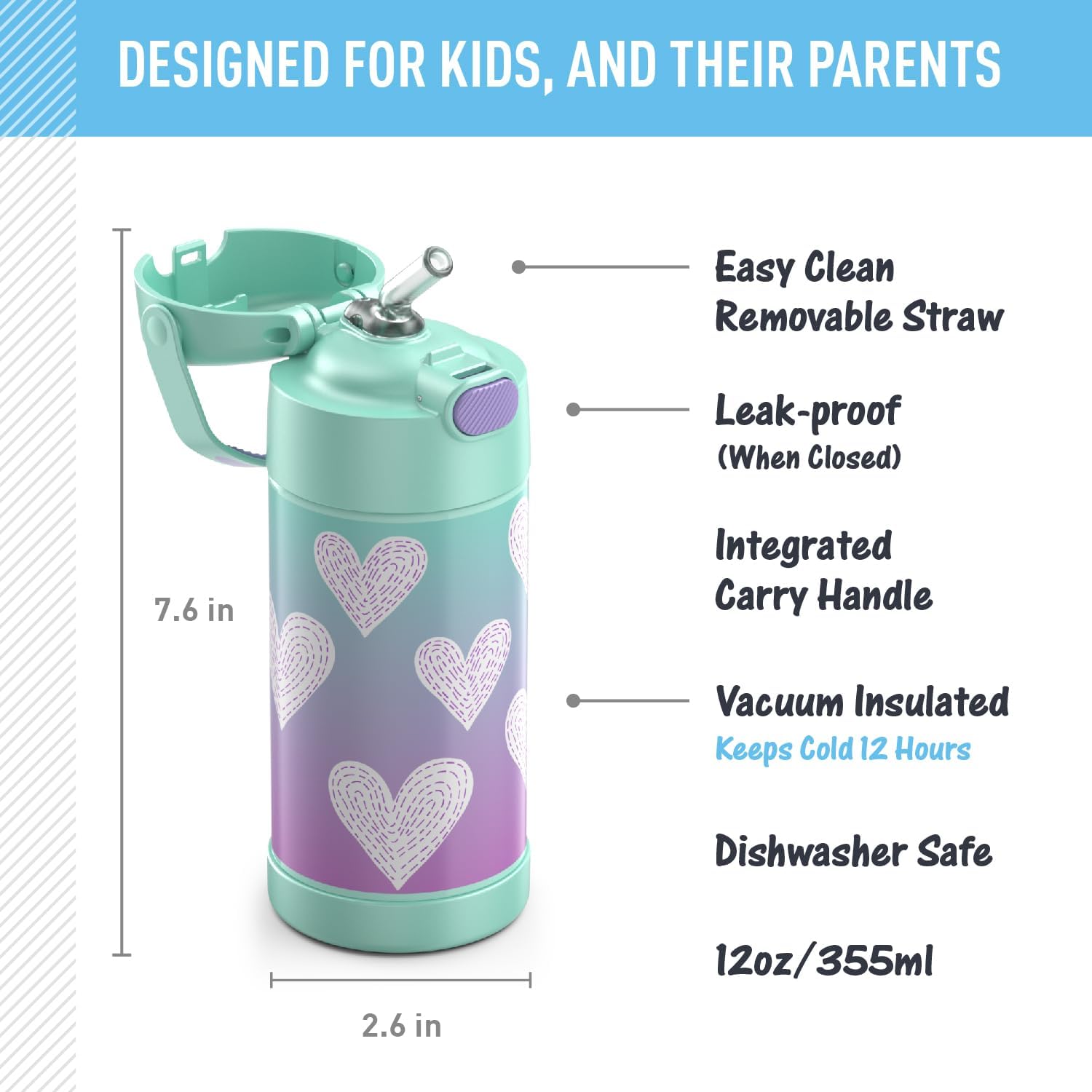 Kids Stainless Steel Vacuum Insulated Water Bottle with Straw, 12 oz T9235