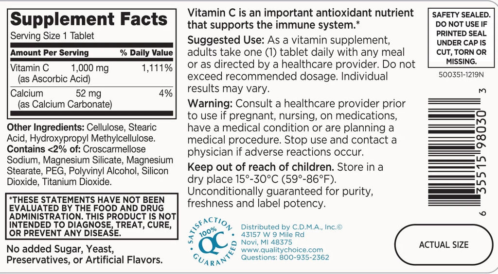 Vitamin C 1000mg Immune Support Tablets, 100 Count H823