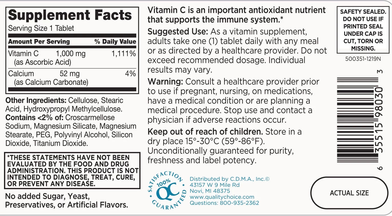Vitamin C 1000mg Immune Support Tablets, 100 Count H823