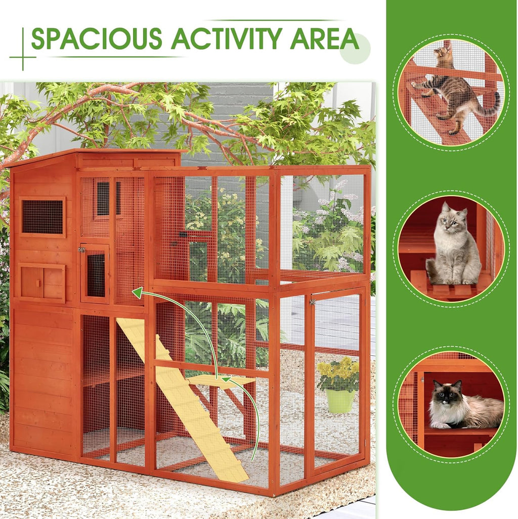 Catio Large Outdoor Cat Enclosure Wooden Walk-in Cage with Platform and 4 Resting Rooms P195