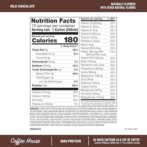 Protein Shake, Chocolate, 20g Protein, Meal Replacement, 12 Count B226310