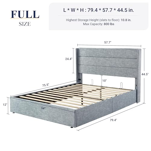 Full Size Lift Up Storage Bed with Wingback Headboard, Hydraulic Support, Light Beige P736605