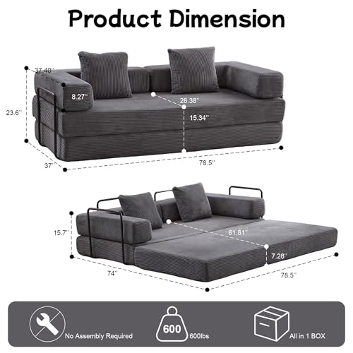 Foldable Floor Sofa Bed with Pillow Back and Armrest, Dark Gray S29408