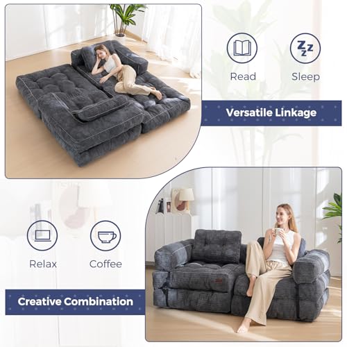 Folding Sofa Bed, L-Shaped Convertible Sleeper Couch with Armrest and Pillow, Dark Grey M375676