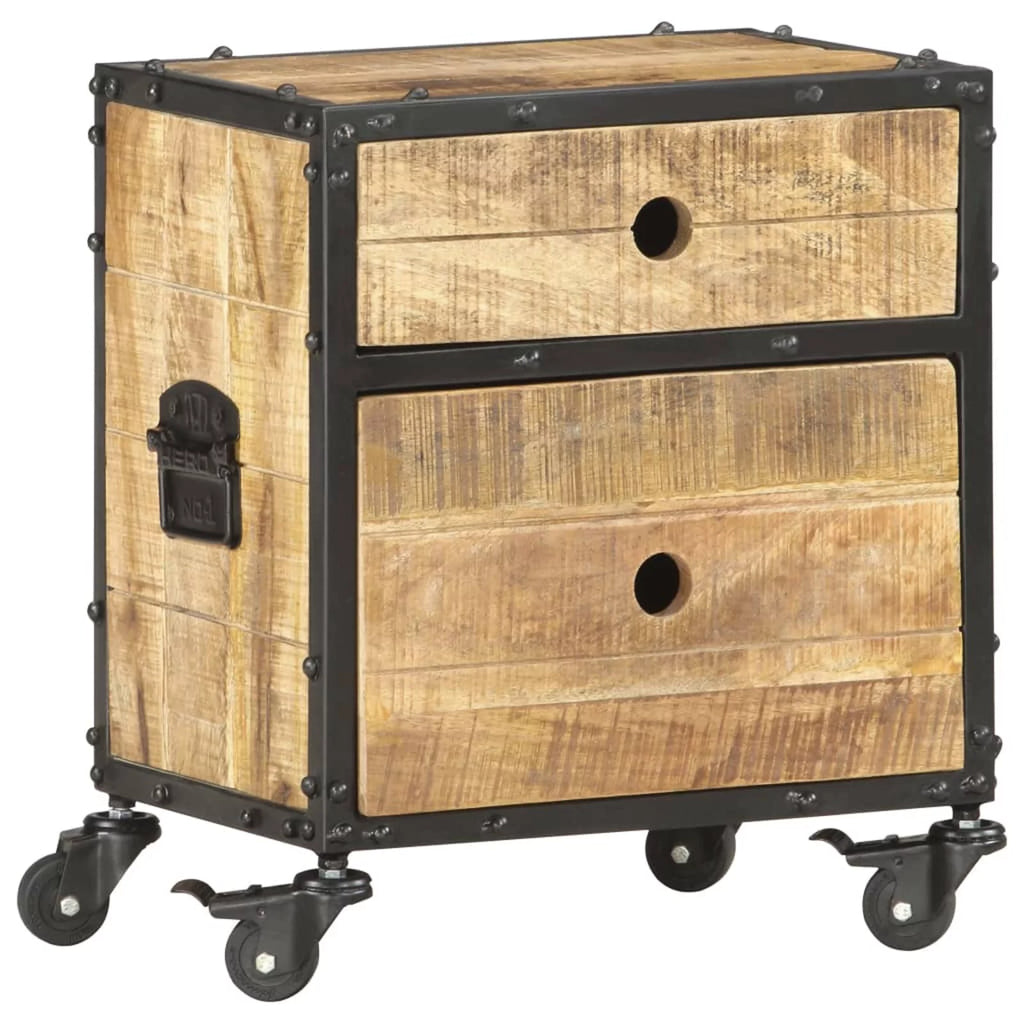 Bedside Cabinet with 2 Storage Drawers and Wheels, Mango Wood Nightstand A3625